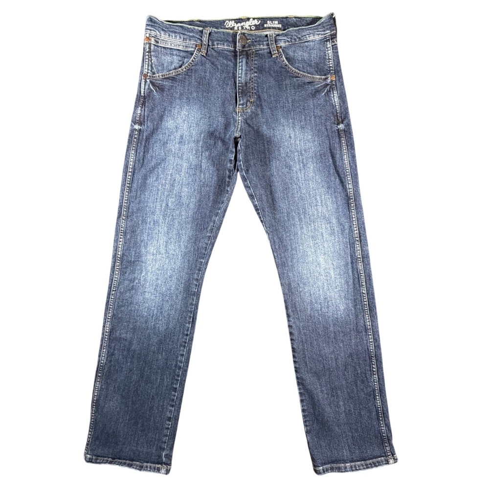Wrangler Retro Slim Straight Jeans Mens 34x32 Blue Stretch‎ Denim 88MWZOD